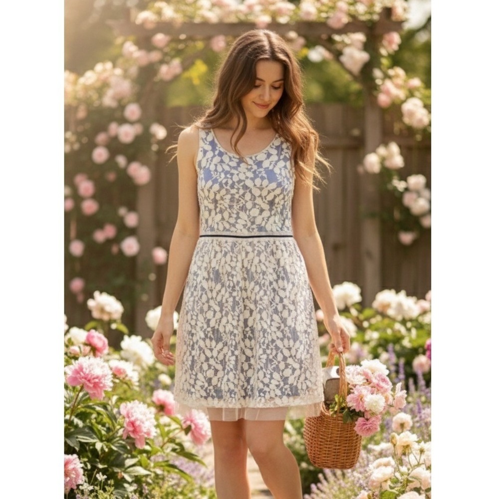 Anthropologie L Sparrow Weston Blue White Floral Lace‎ Fit Flare Dress Fairy